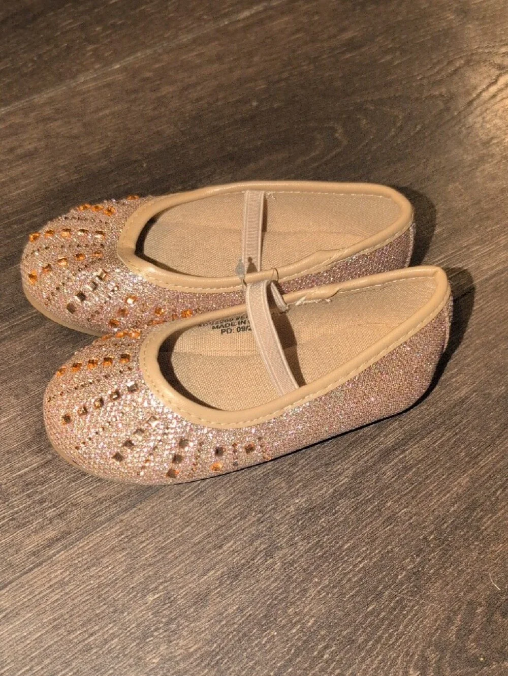 Girls Gold Glitter Ballet Flats with Gem Accents - Kids Dress Shoes